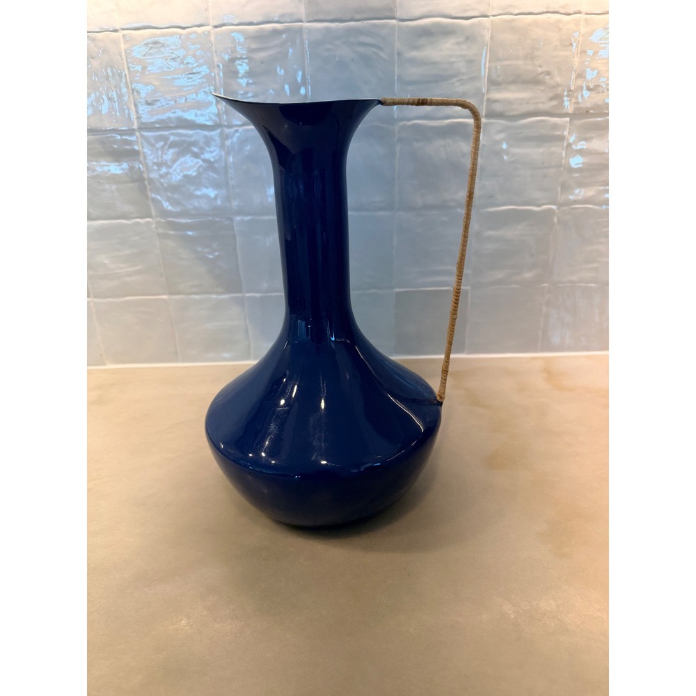 Anthropologie Cobalt Blue Enamel Pitcher Vase Rattan Handle Decorative 67484188